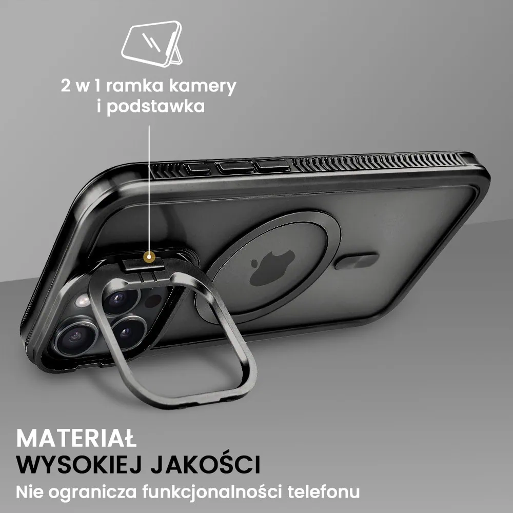 Etui do iPhone 16 Pro Max solidne, pogrubione boki, wbudowana podstawka, twardy tył z MagSafe, czarne