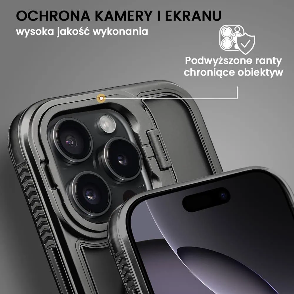 Etui do iPhone 16 Pro Max solidne, pogrubione boki, wbudowana podstawka, twardy tył z MagSafe, czarne