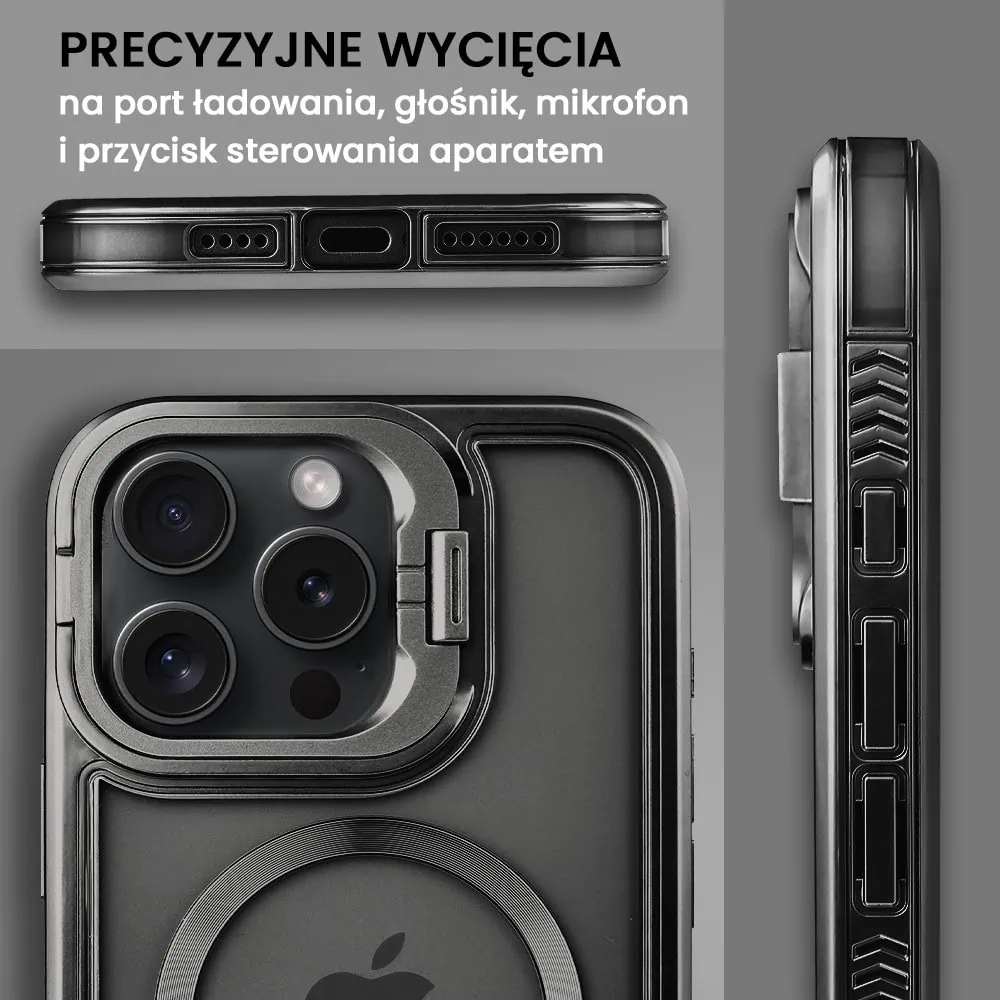 Etui do iPhone 16 Pro Max solidne, pogrubione boki, wbudowana podstawka, twardy tył z MagSafe, czarne