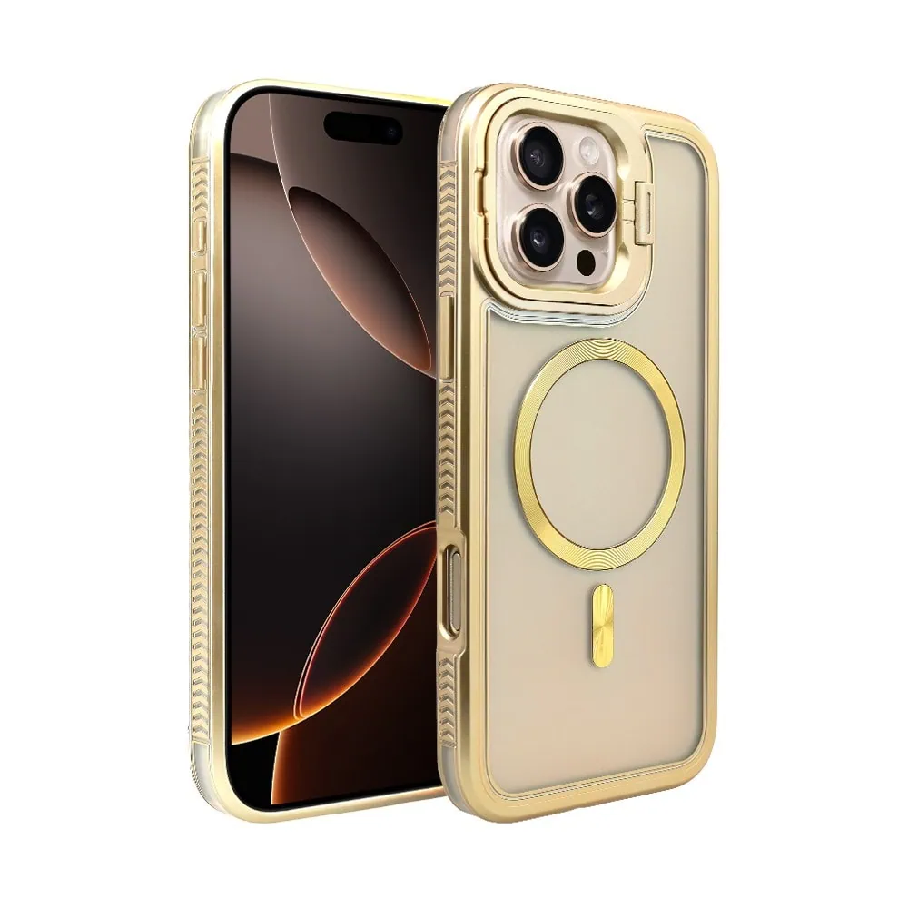 Etui do iPhone 16 Pro Max solidne, pogrubione boki, wbudowana podstawka, twardy tył z MagSafe, złote