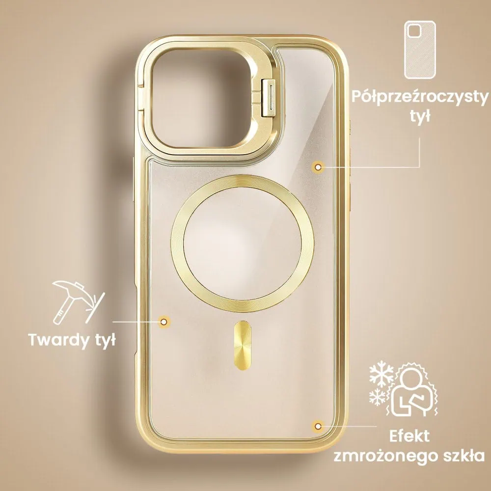 Etui do iPhone 16 Pro Max solidne, pogrubione boki, wbudowana podstawka, twardy tył z MagSafe, złote