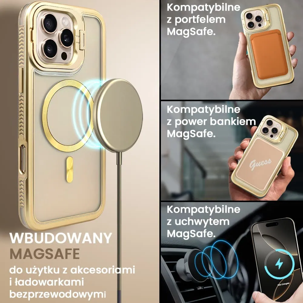 Etui do iPhone 16 Pro Max solidne, pogrubione boki, wbudowana podstawka, twardy tył z MagSafe, złote