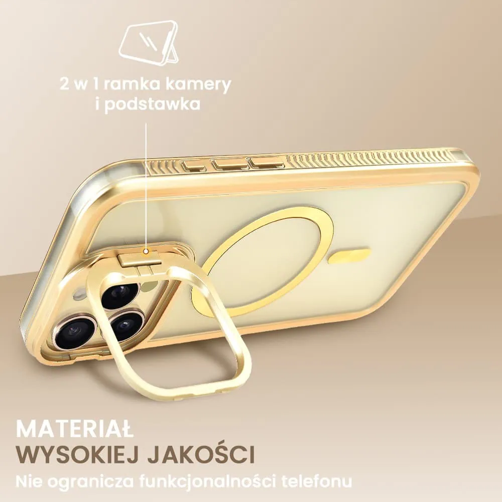 Etui do iPhone 16 Pro Max solidne, pogrubione boki, wbudowana podstawka, twardy tył z MagSafe, złote