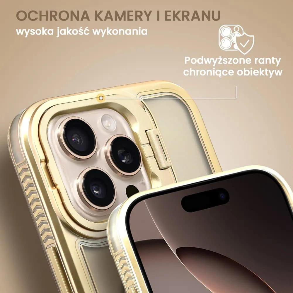 Etui do iPhone 16 Pro Max solidne, pogrubione boki, wbudowana podstawka, twardy tył z MagSafe, złote