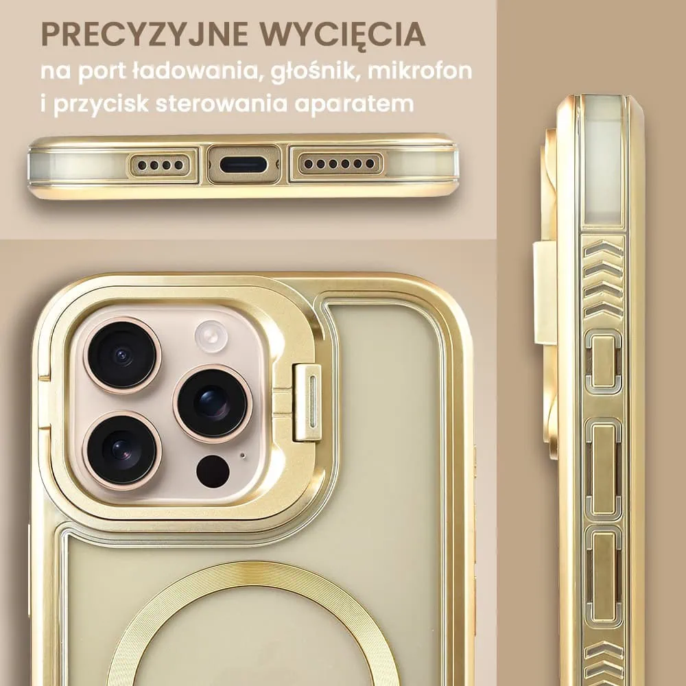 Etui do iPhone 16 Pro Max solidne, pogrubione boki, wbudowana podstawka, twardy tył z MagSafe, złote
