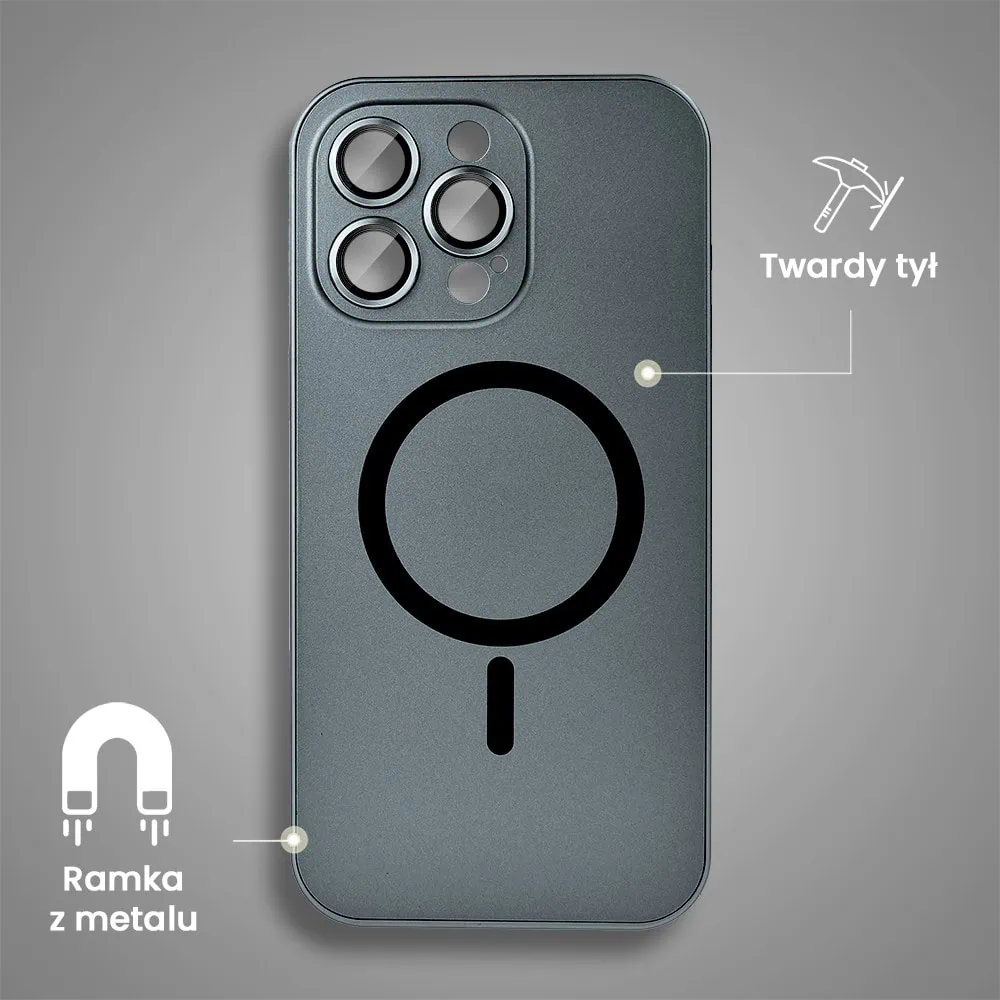 Etui do iPhone 16 Pro Metal Solid Magsafe, pełny tył z metalową ramką i osłoną aparatu, czarne