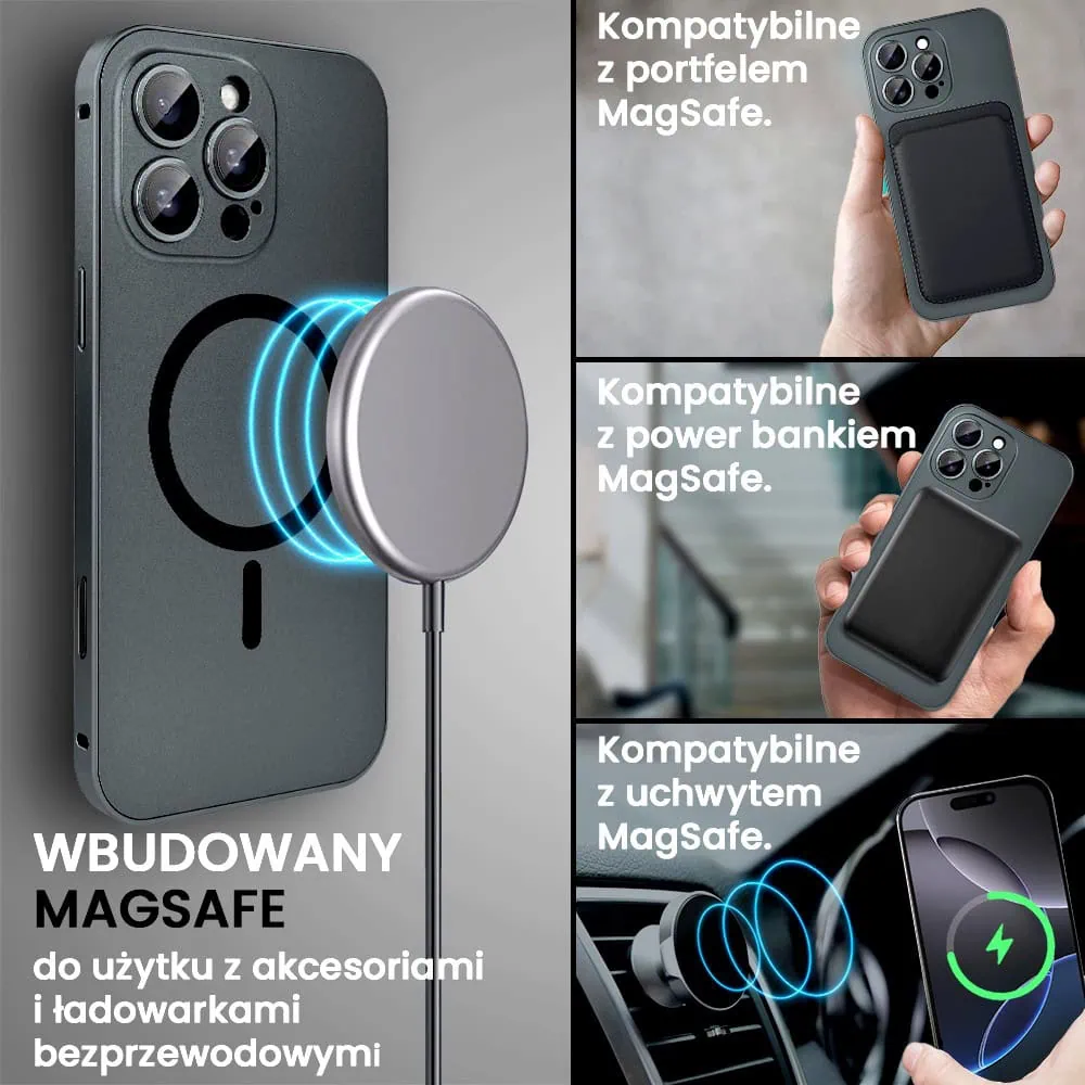 Etui do iPhone 16 Pro Metal Solid Magsafe, pełny tył z metalową ramką i osłoną aparatu, czarne