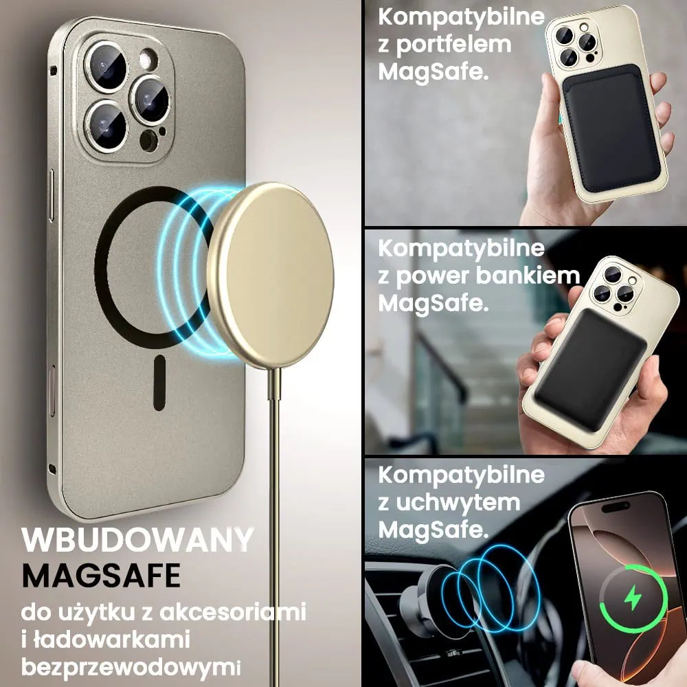 Etui do iPhone 16 Pro Metal Solid Magsafe, pełny tył z metalową ramką i osłoną aparatu, pustynny tytan