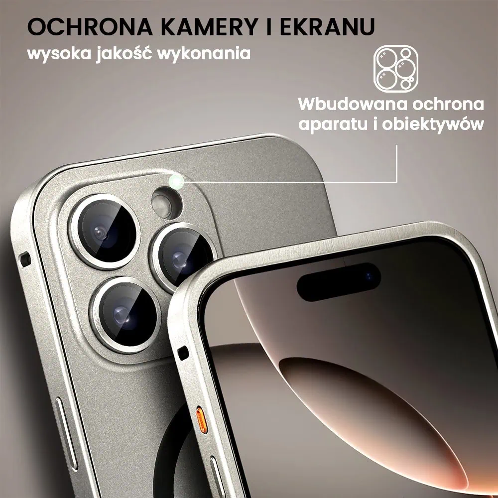 Etui do iPhone 16 Pro Metal Solid Magsafe, pełny tył z metalową ramką i osłoną aparatu, pustynny tytan