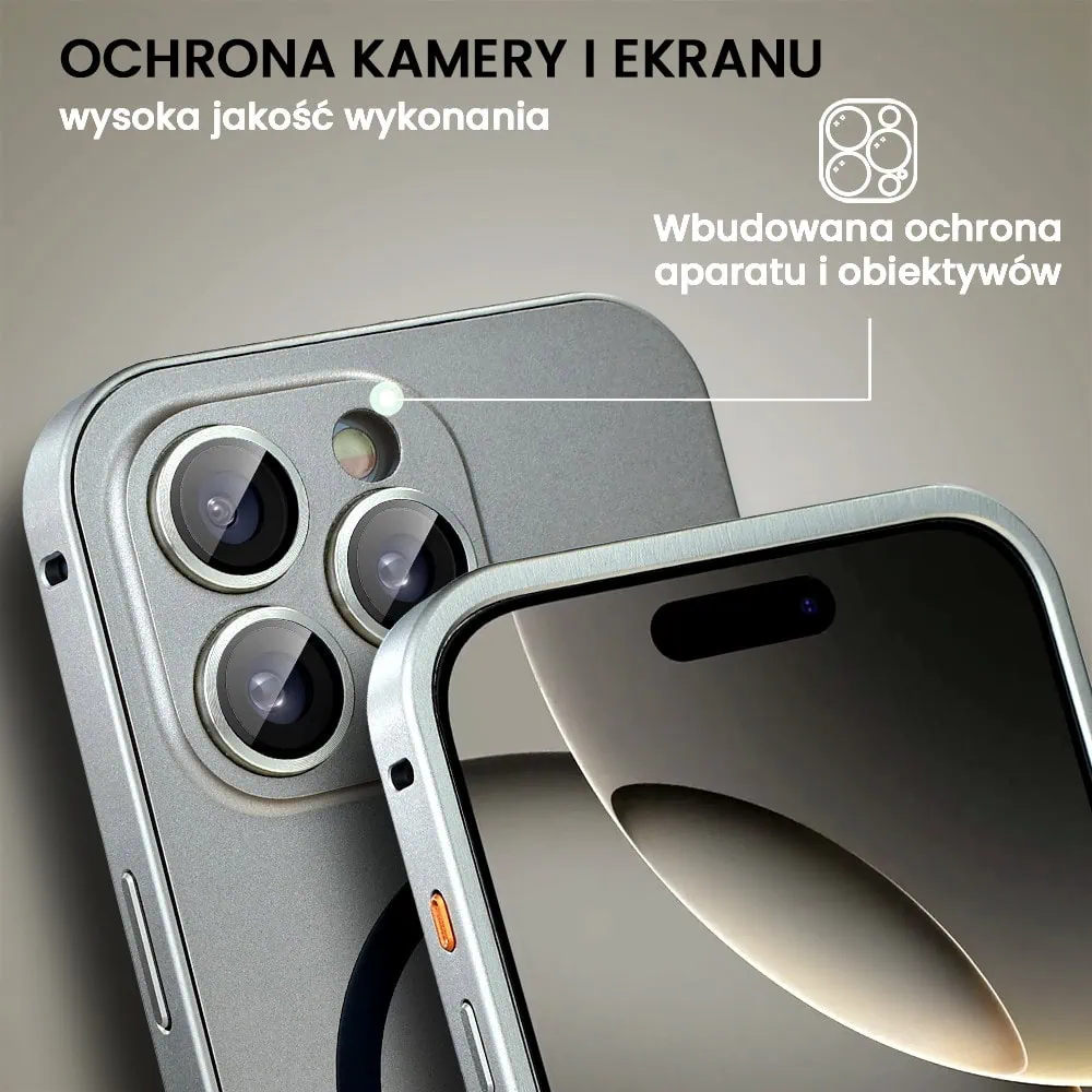 Etui do iPhone 16 Pro Metal Solid Magsafe, pełny tył z metalową ramką i osłoną aparatu, tytanowe