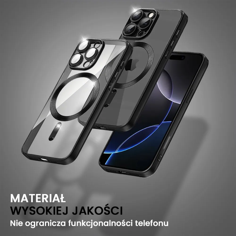 Etui do iPhone 16 Pro MagSafe Luxury Protect przeźroczyste, hybrydowa ochrona kamery, czarne