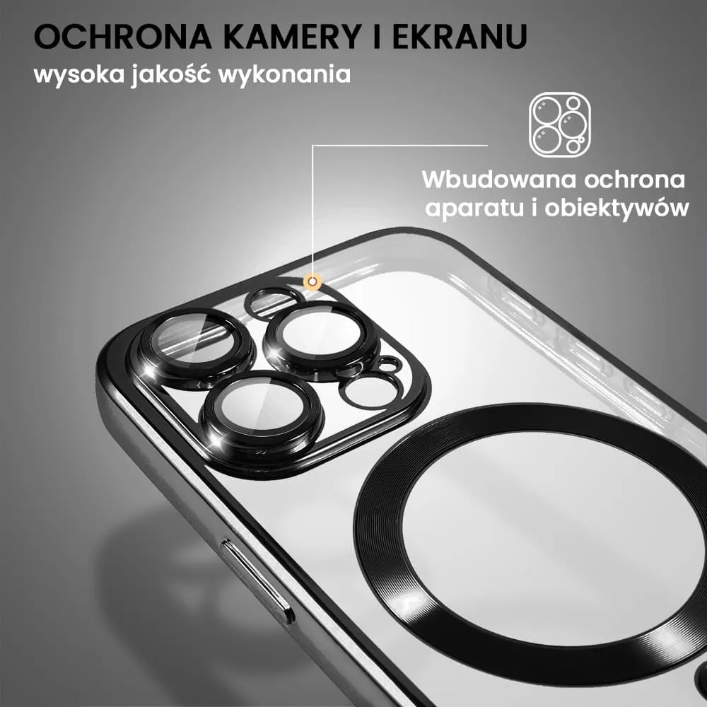 Etui do iPhone 16 Pro MagSafe Luxury Protect przeźroczyste, hybrydowa ochrona kamery, czarne