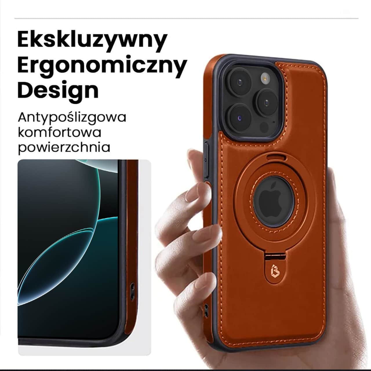 Etui do iPhone 16 Pro Slim Leather MagSafe Stand z podstawką i widocznym logo, brązowe