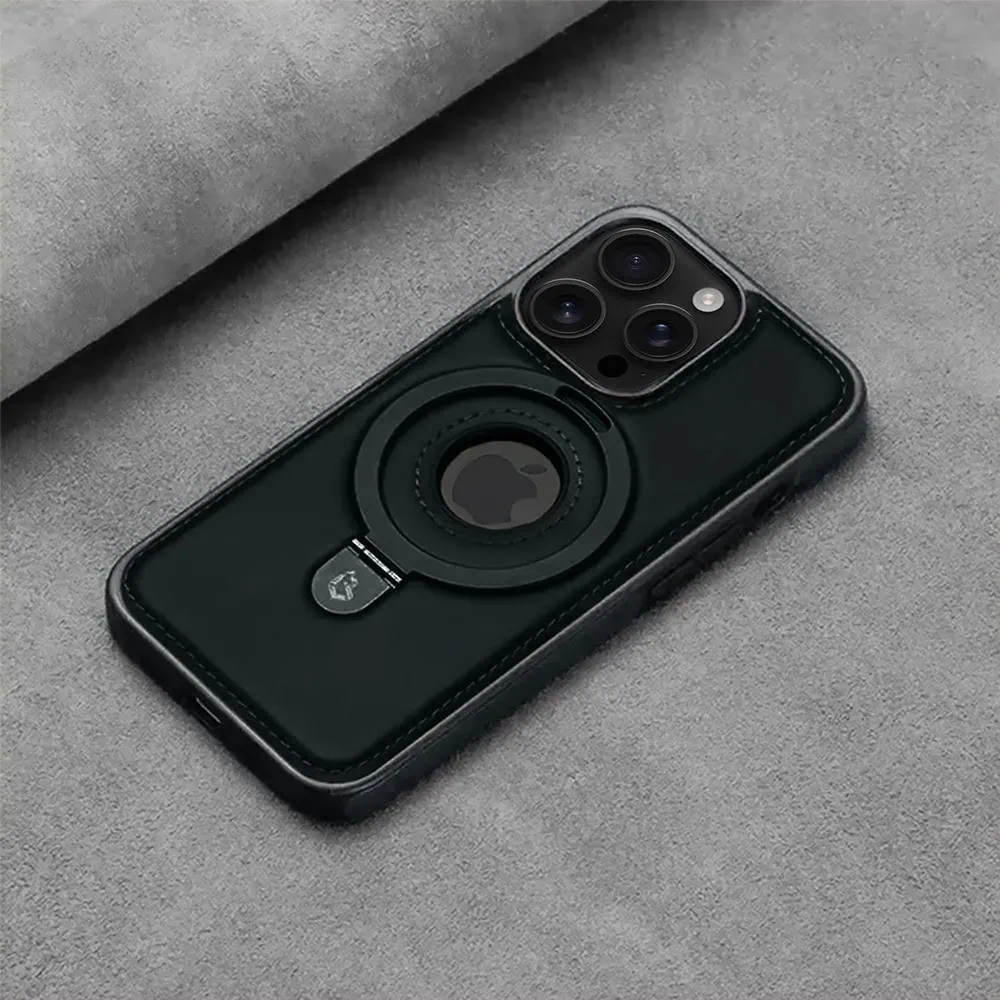 Etui do iPhone 16 Pro Slim Leather MagSafe Stand z podstawką i widocznym logo, czarne