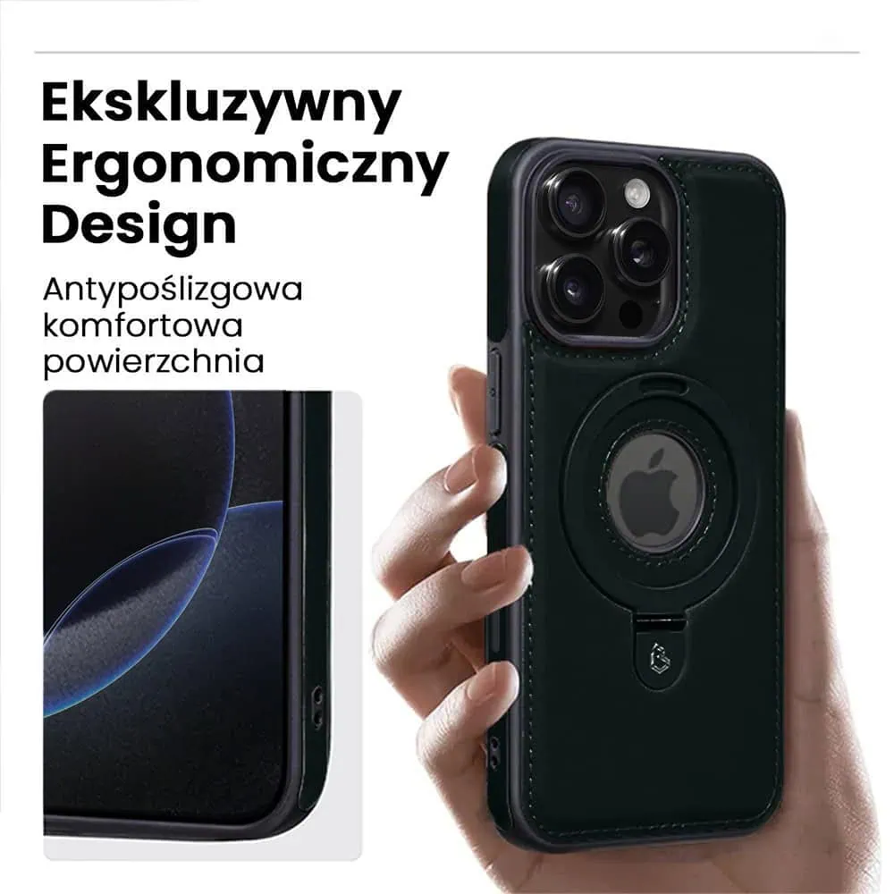 Etui do iPhone 16 Pro Slim Leather MagSafe Stand z podstawką i widocznym logo, czarne