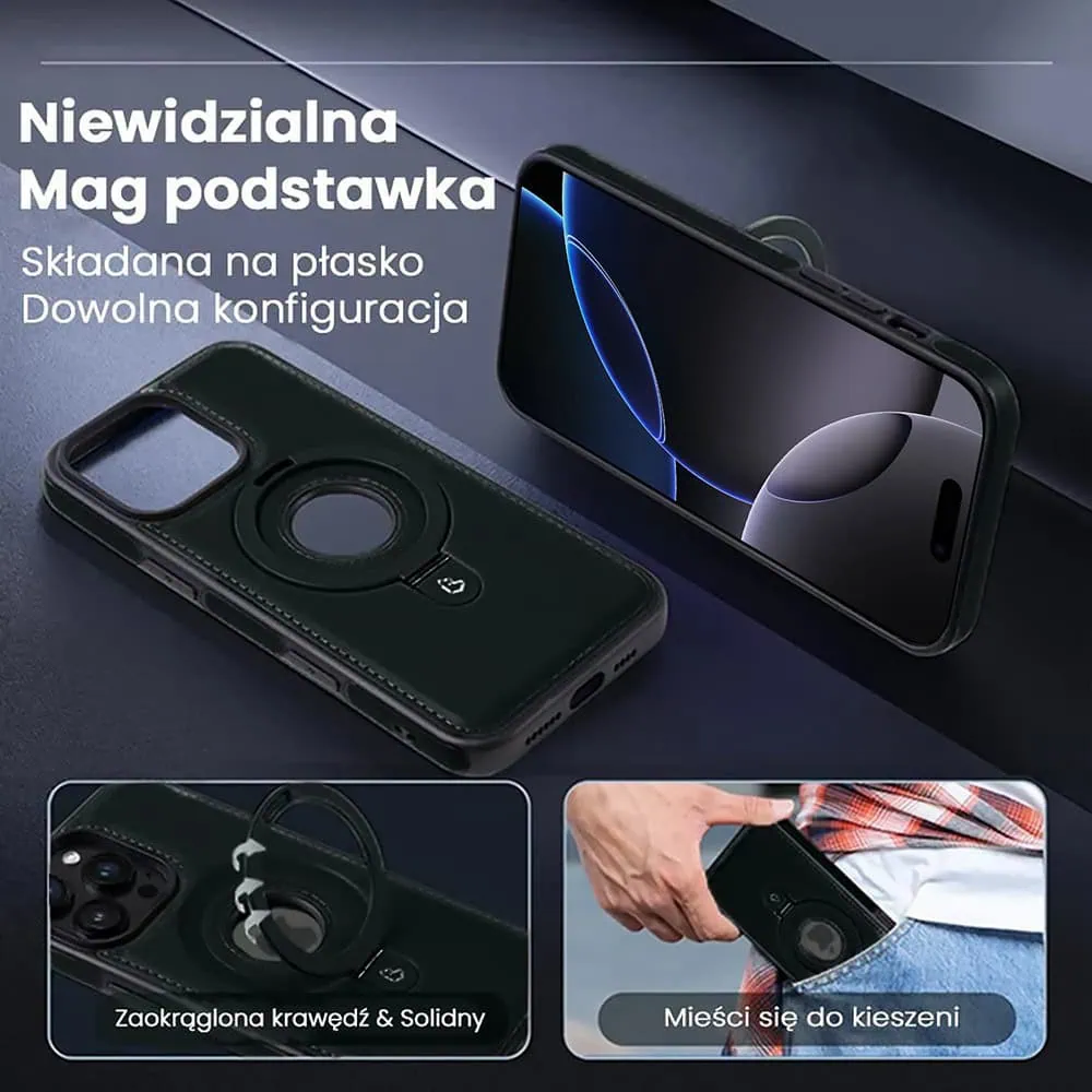 Etui do iPhone 16 Pro Slim Leather MagSafe Stand z podstawką i widocznym logo, czarne