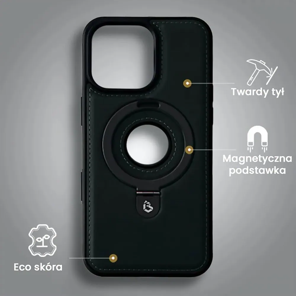 Etui do iPhone 16 Pro Slim Leather MagSafe Stand z podstawką i widocznym logo, czarne