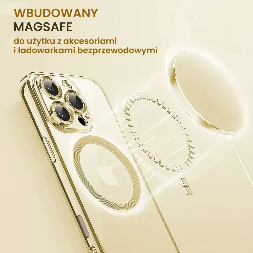 Etui do iPhone 16 Pro Max Slim Protect Full Cover MagSafe Hard Back, twardy tył, przeźroczyste, złote
