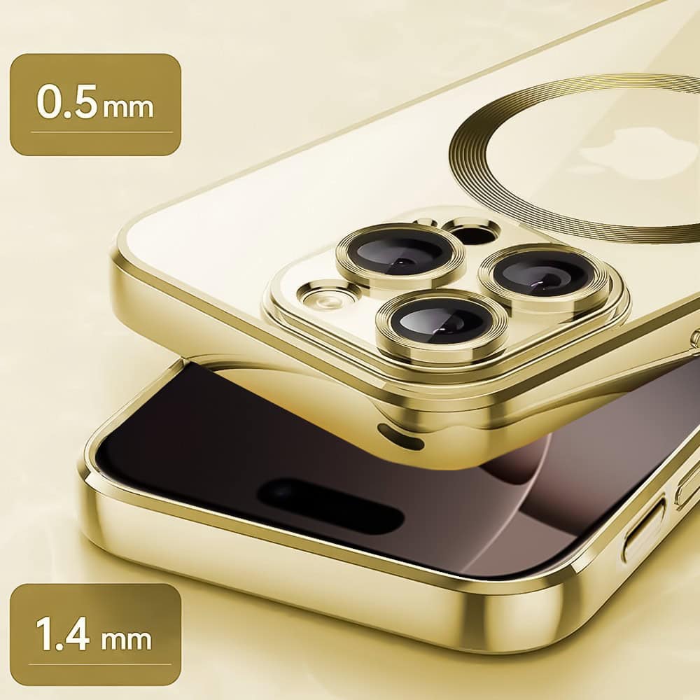 Etui do iPhone 16 Pro Max Slim Protect Full Cover MagSafe Hard Back, twardy tył, przeźroczyste, złote