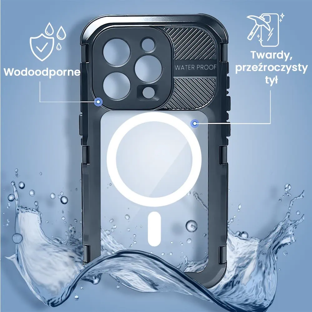 Etui do iPhone 16 Pro TOTAL Protect z Magsafe, wodoodporne, metalowe, przeźroczyste, czarne