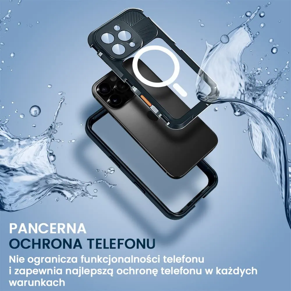 Etui do iPhone 16 Pro TOTAL Protect z Magsafe, wodoodporne, metalowe, przeźroczyste, czarne