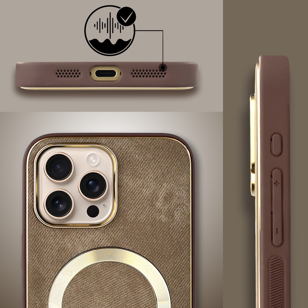 Etui do iPhone 16 Pro Max Woven MagSafe Luxury, tkanina ze złotymi zdobieniami, brązowe