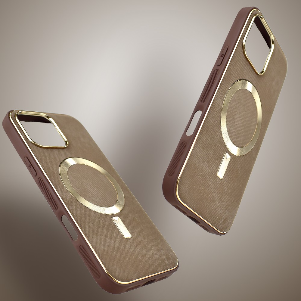 Etui do iPhone 16 Pro Max Woven MagSafe Luxury, tkanina ze złotymi zdobieniami, brązowe