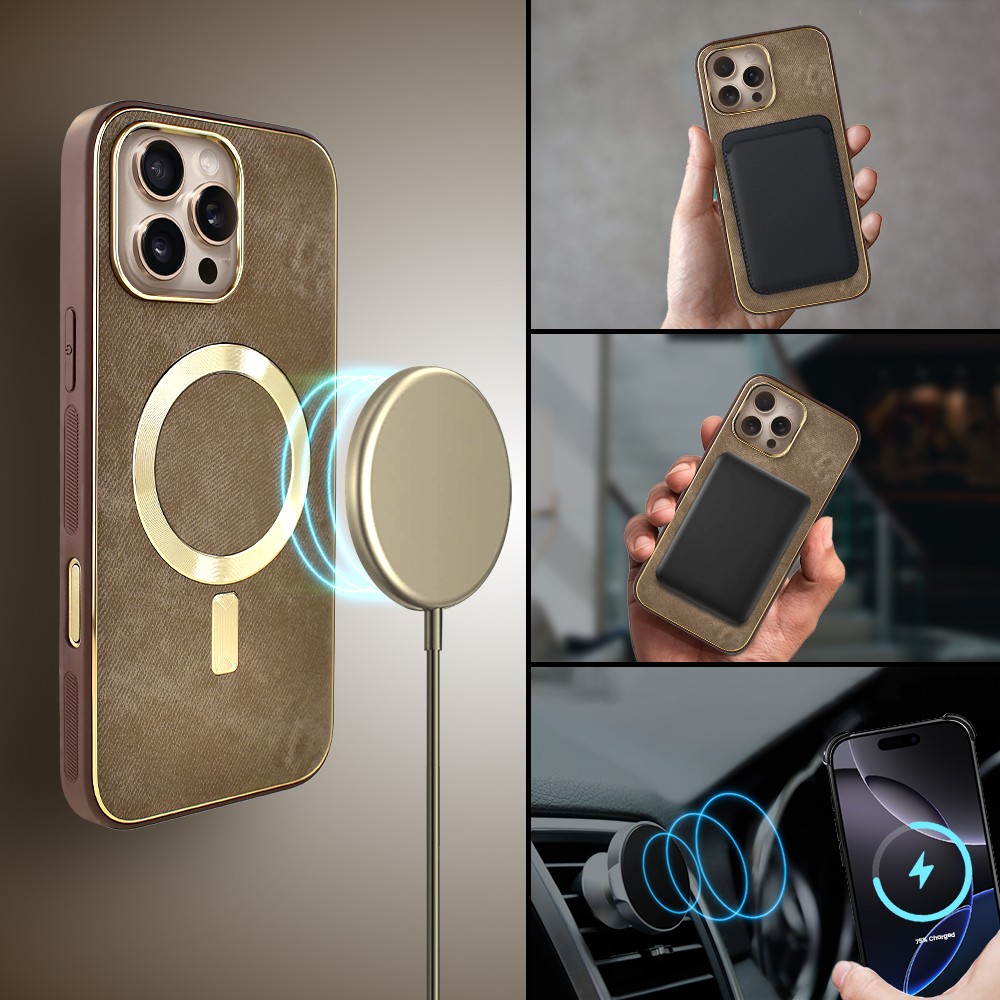 Etui do iPhone 16 Pro Max Woven MagSafe Luxury, tkanina ze złotymi zdobieniami, brązowe