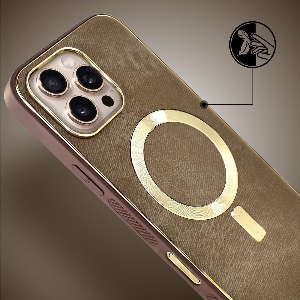 Etui do iPhone 16 Pro Max Woven MagSafe Luxury, tkanina ze złotymi zdobieniami, brązowe