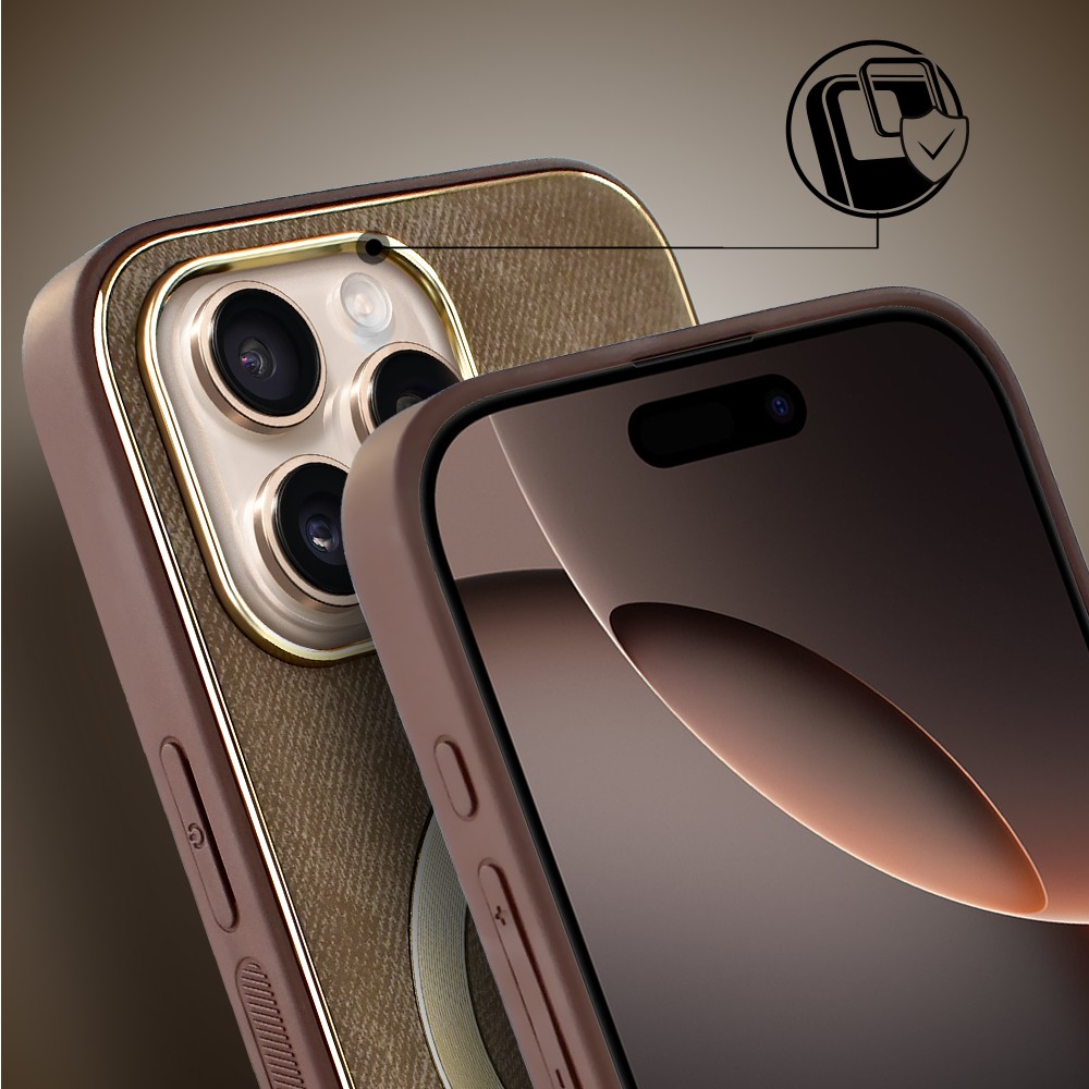 Etui do iPhone 16 Pro Max Woven MagSafe Luxury, tkanina ze złotymi zdobieniami, brązowe