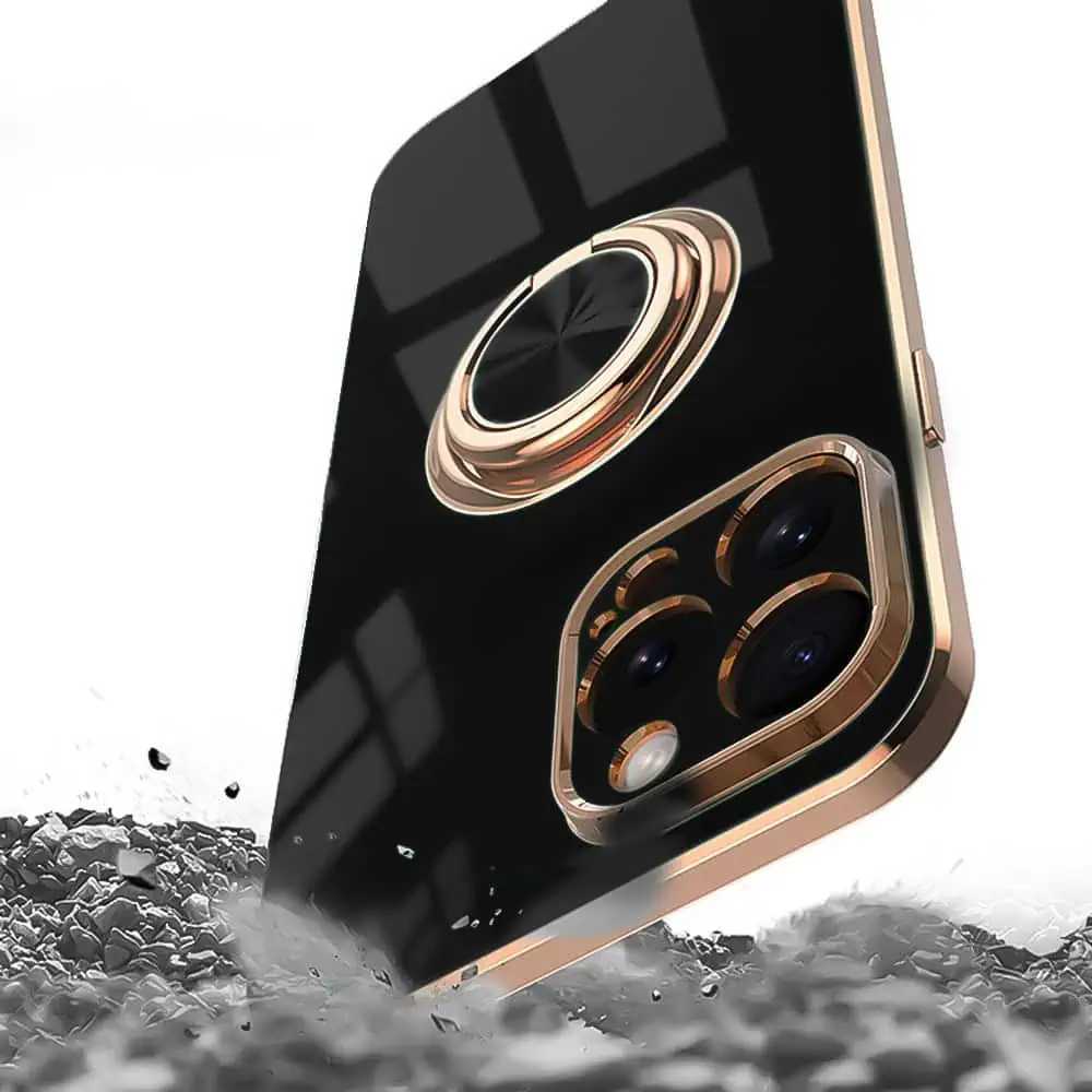 Etui do iPhone 16 Pro eleganckie, ze złotym, metalowym uchwytem i zdobieniami, osłona na aparat, czarne (OUTLET)