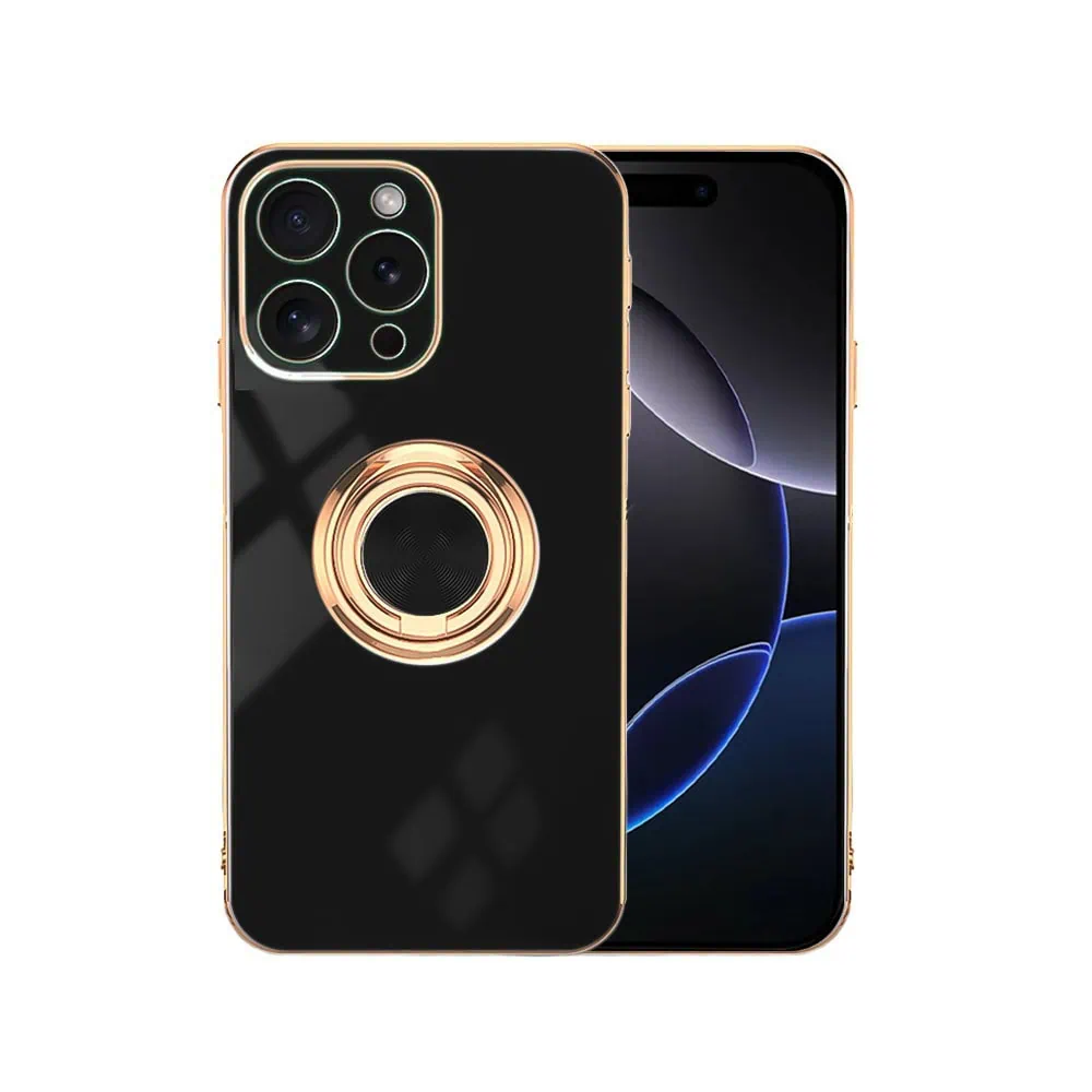 Etui do iPhone 16 Pro eleganckie, ze złotym, metalowym uchwytem i zdobieniami, osłona na aparat, czarne (OUTLET)