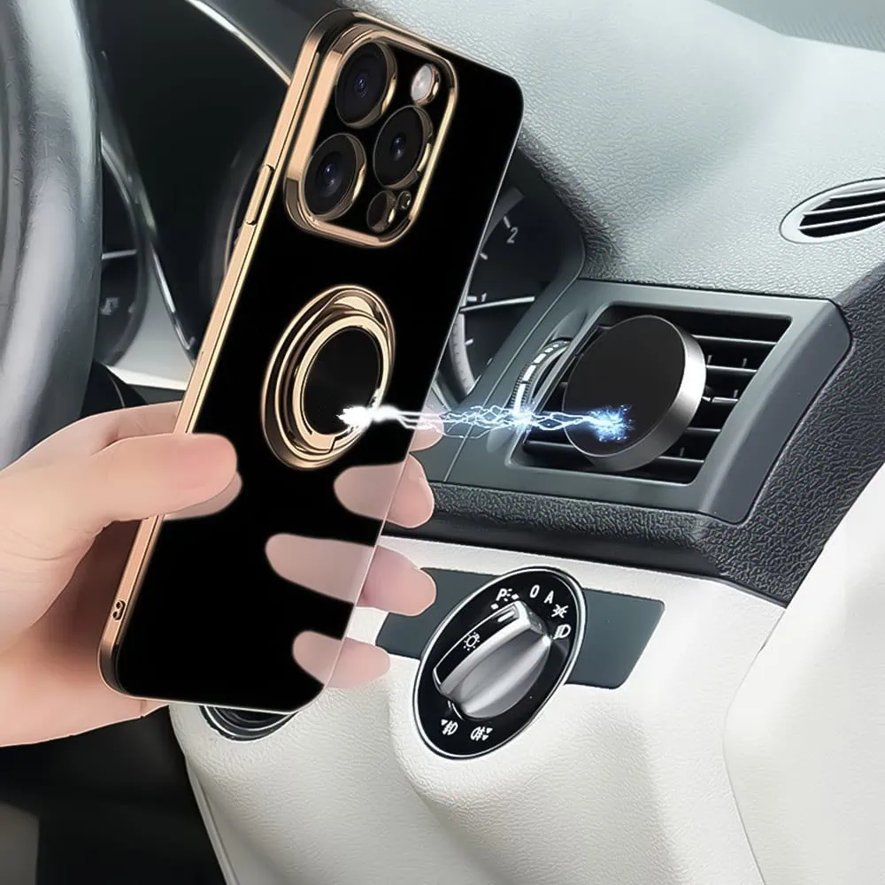 Etui do iPhone 16 Pro eleganckie, ze złotym, metalowym uchwytem i zdobieniami, osłona na aparat, czarne (OUTLET)