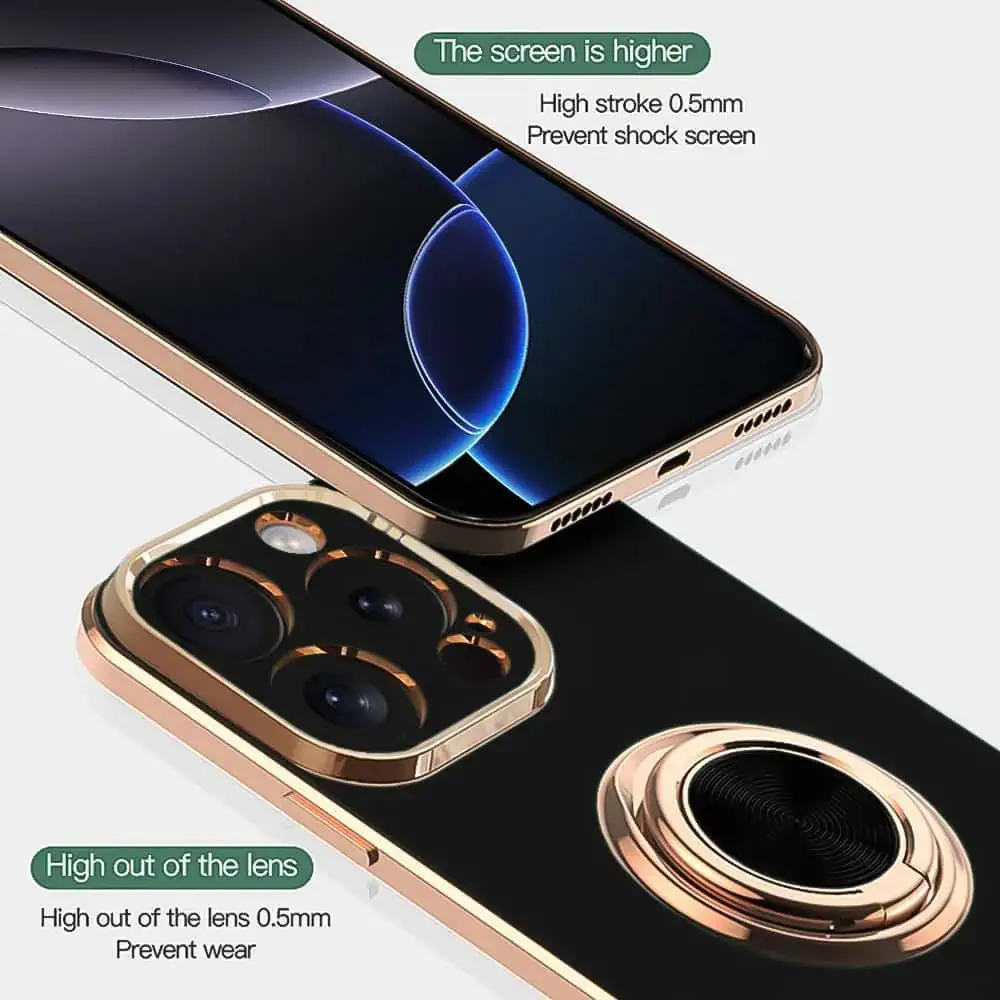 Etui do iPhone 16 Pro eleganckie, ze złotym, metalowym uchwytem i zdobieniami, osłona na aparat, czarne (OUTLET)