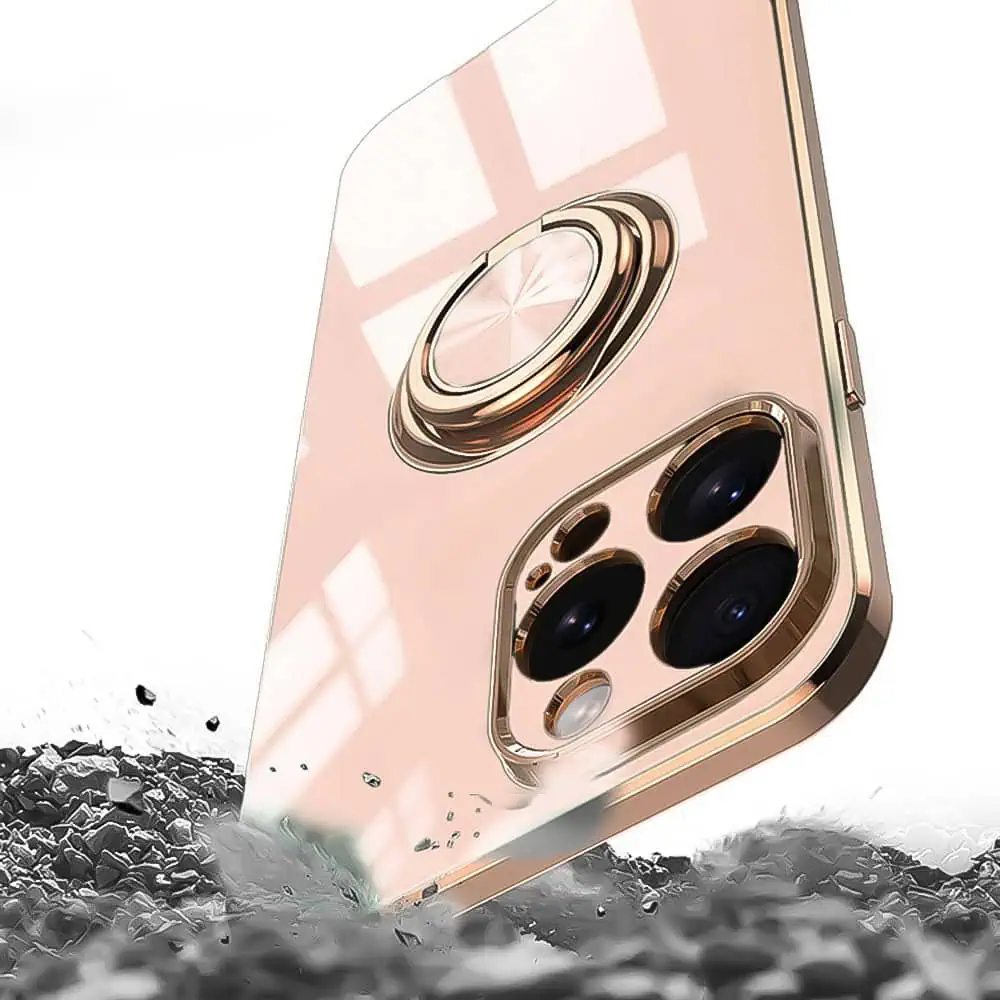 Etui do iPhone 16 Pro Max eleganckie, ze złotym, metalowym uchwytem i zdobieniami, osłona na aparat, złoty róż