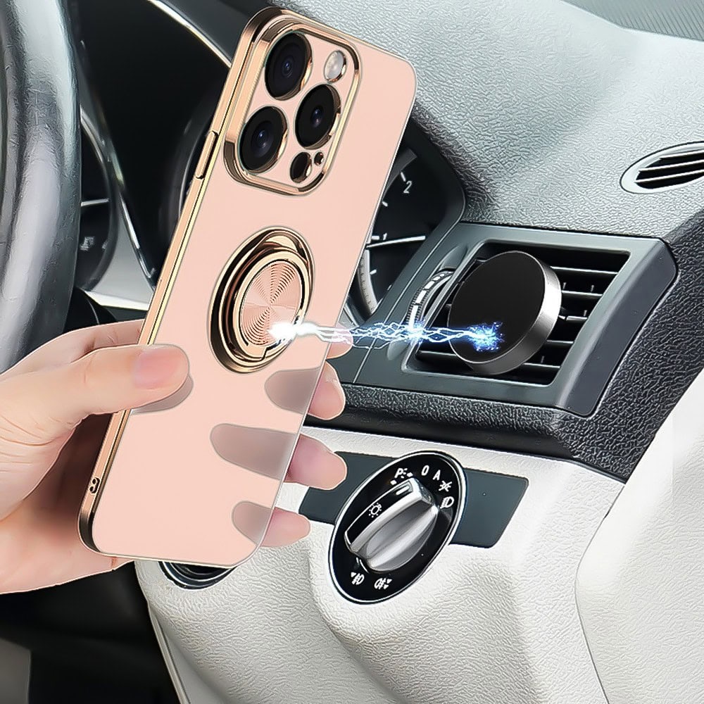 Etui do iPhone 16 Pro Max eleganckie, ze złotym, metalowym uchwytem i zdobieniami, osłona na aparat, złoty róż