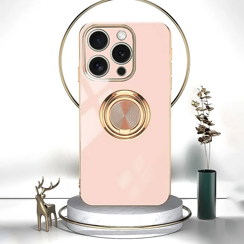 Etui do iPhone 16 Pro Max eleganckie, ze złotym, metalowym uchwytem i zdobieniami, osłona na aparat, złoty róż