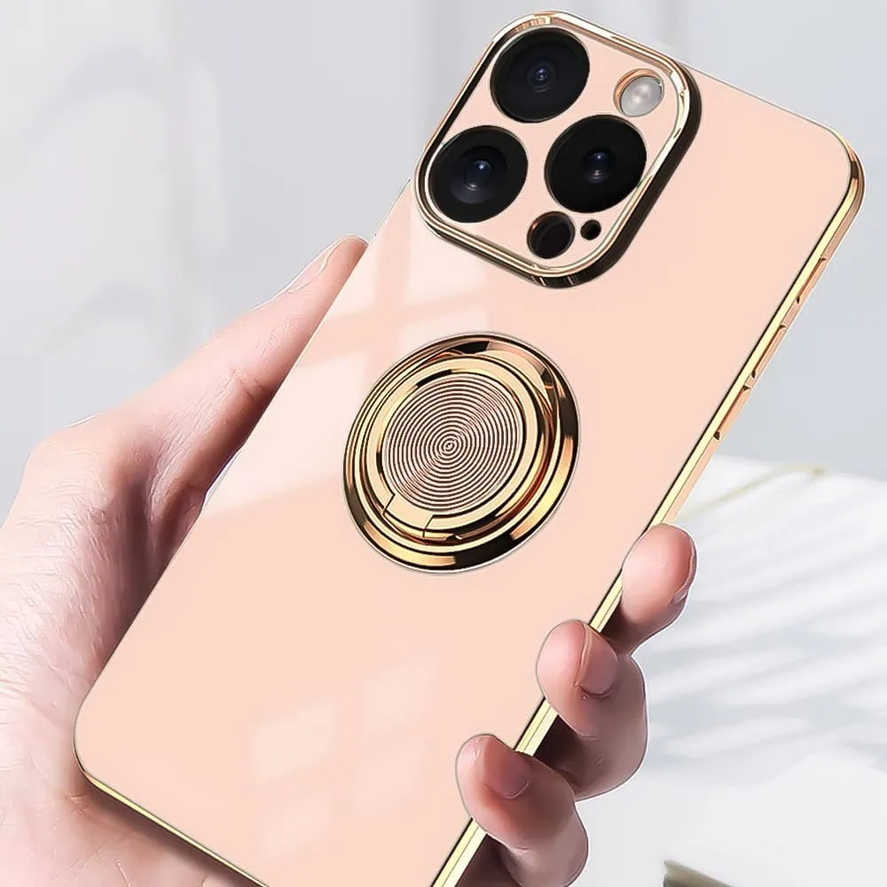 Etui do iPhone 16 Pro Max eleganckie, ze złotym, metalowym uchwytem i zdobieniami, osłona na aparat, złoty róż