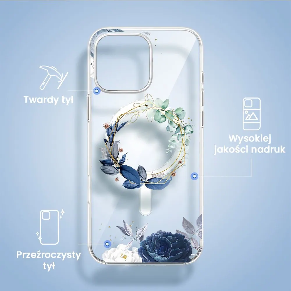 Etui do iPhone 16 Pro, Flower MagSafe, niebieskie kwiaty, przeźroczyste