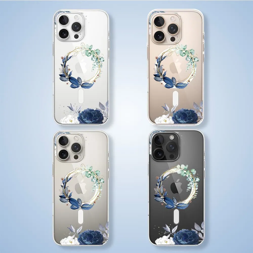 Etui do iPhone 16 Pro, Flower MagSafe, niebieskie kwiaty, przeźroczyste