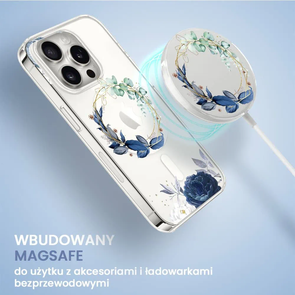 Etui do iPhone 16 Pro, Flower MagSafe, niebieskie kwiaty, przeźroczyste