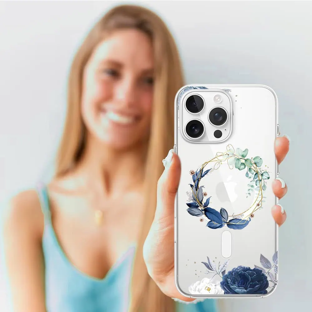 Etui do iPhone 16 Pro, Flower MagSafe, niebieskie kwiaty, przeźroczyste