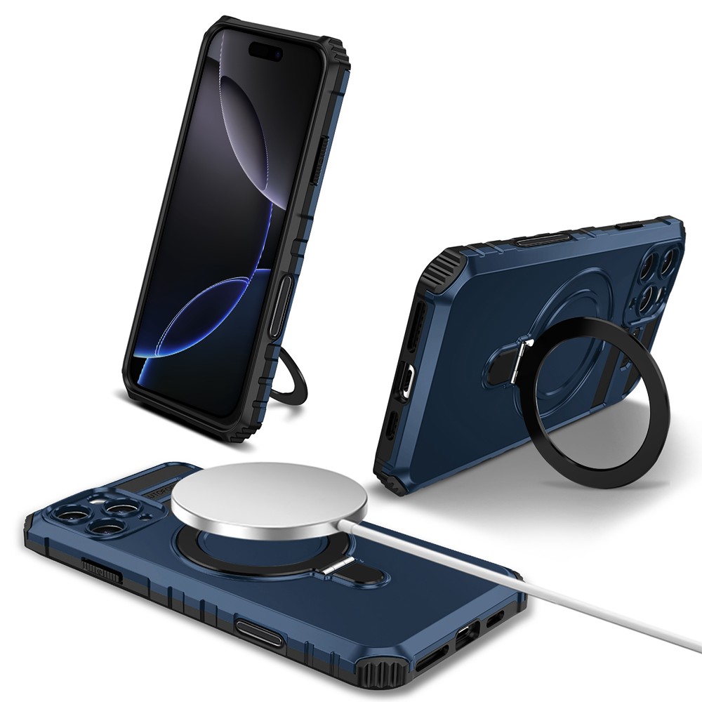 Etui do iPhone 16 Pro, pancerne, z osłoną aparatu i metalową podstawką MagSafe, granatowe