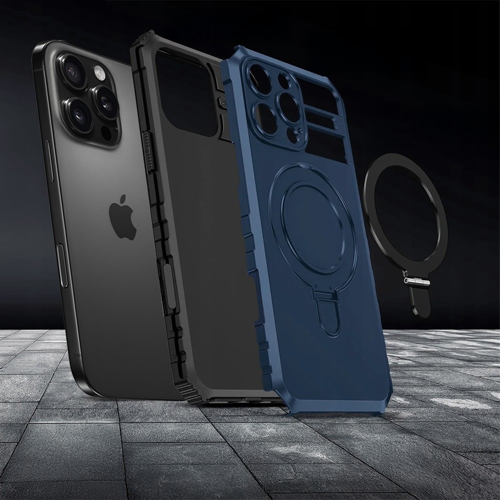 Etui do iPhone 16 Pro, pancerne, z osłoną aparatu i metalową podstawką MagSafe, granatowe