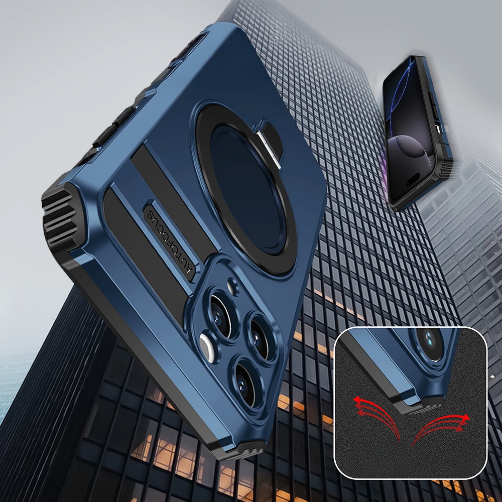 Etui do iPhone 16 Pro, pancerne, z osłoną aparatu i metalową podstawką MagSafe, granatowe