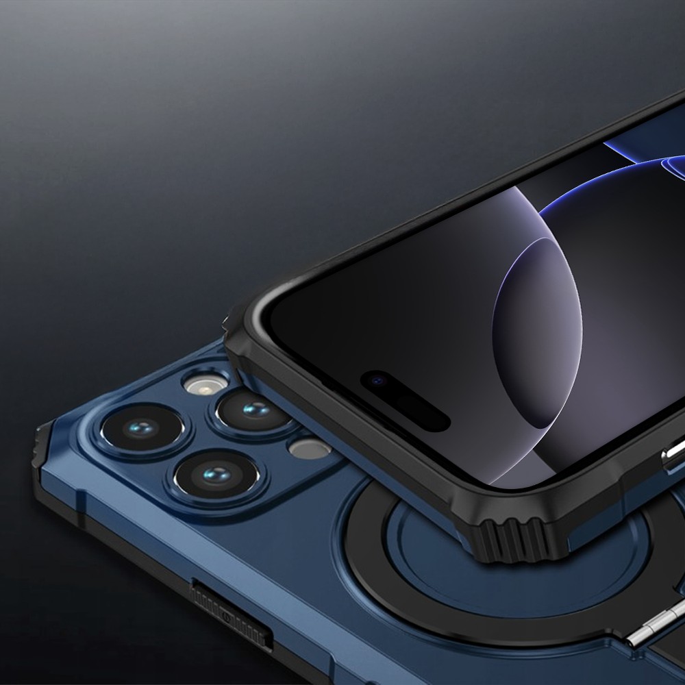 Etui do iPhone 16 Pro, pancerne, z osłoną aparatu i metalową podstawką MagSafe, granatowe