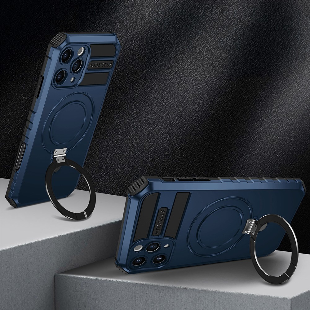 Etui do iPhone 16 Pro, pancerne, z osłoną aparatu i metalową podstawką MagSafe, granatowe