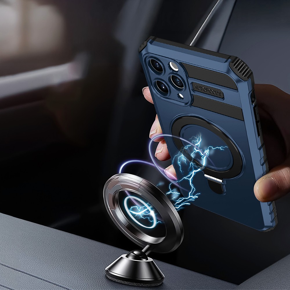 Etui do iPhone 16 Pro, pancerne, z osłoną aparatu i metalową podstawką MagSafe, granatowe