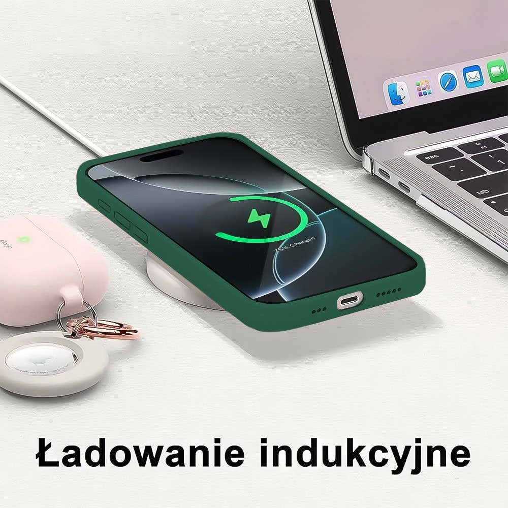 Etui do iPhone 16 Pro Max silikonowe z mikrofibrą soft touch z osłoną na aparat, butelkowo zielone