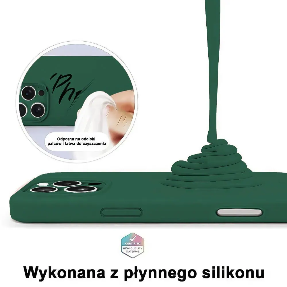 Etui do iPhone 16 Pro Max silikonowe z mikrofibrą soft touch z osłoną na aparat, butelkowo zielone